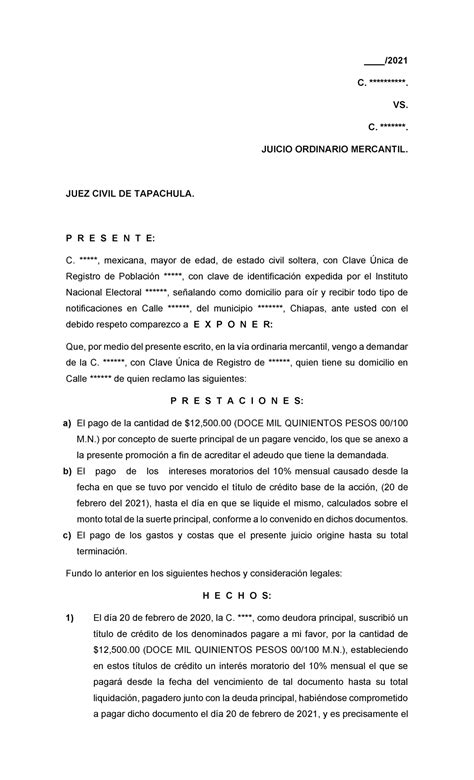 Ejemplo De Demanda De Un Juicio Ordinario Mercantil Derecho UNACH