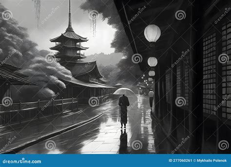 Asian City Landscape Black And White Neural Network Ai Generated Stock