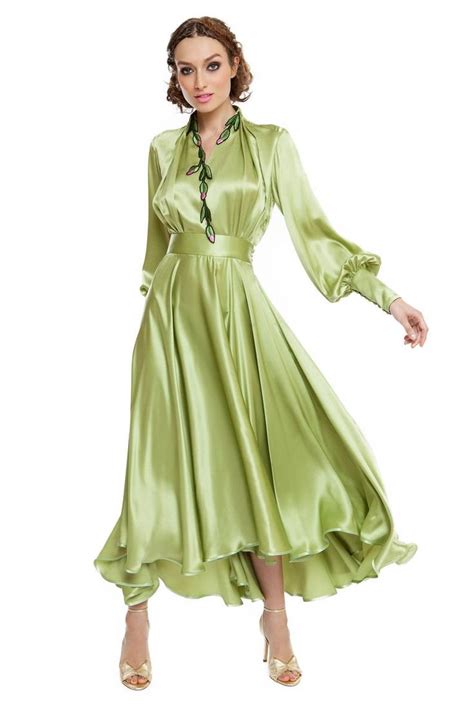 Satin Dress With Handmade Embroidery Etsy Long Sleeve Silk Dress