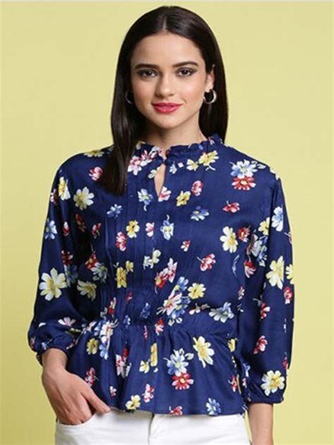 Buy Aila Floral Print Keyhole Neck Cotton Peplum Top Tops For Women