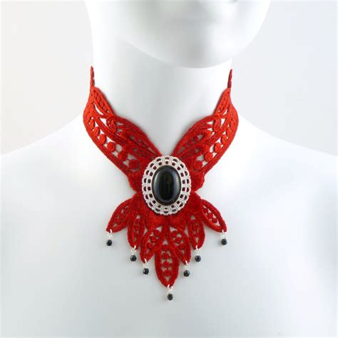 Red Lace Choker Bib Necklace With Large Onyx Stone In Silver