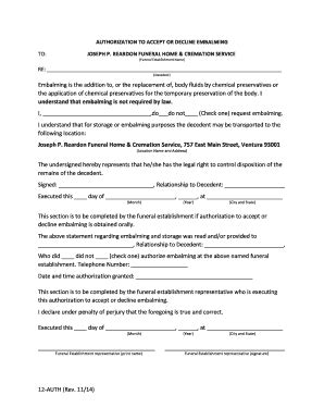 Fillable Online Authorization To Accept Or Decline Embalming