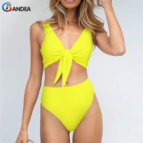 Bandea 2019 High Waist Bikini Women Solid Swimwear Sexy Front Tie Knot