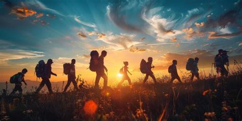 Un grupo de personas haciendo senderismo en las montañas al atardecer