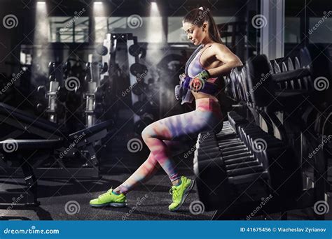 Fitness Girl with Towel and Shaker Relaxing in the Gym Stock Photo ...