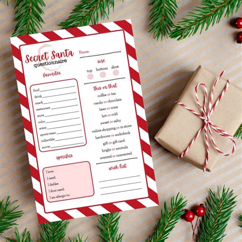 Secret Santa Questionnaire Printable Christmas Wish List For Adults