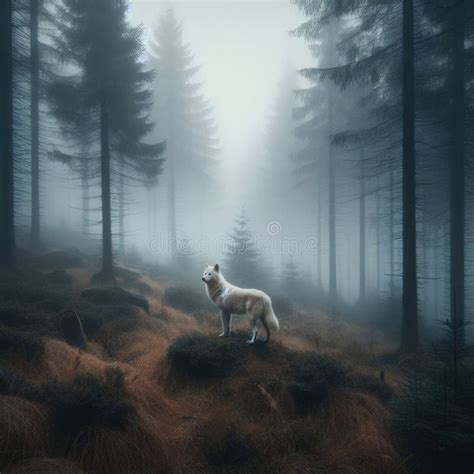 Lone White Wolf Moves Through Eerie Misty Forest Stock Illustration