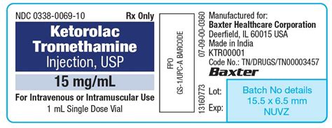 Rx Item Ketorolac Tro 15mg 10x1 Ml Single Dose Vial By Baxter Pharma