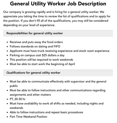 General Utility Worker Job Description Velvet Jobs