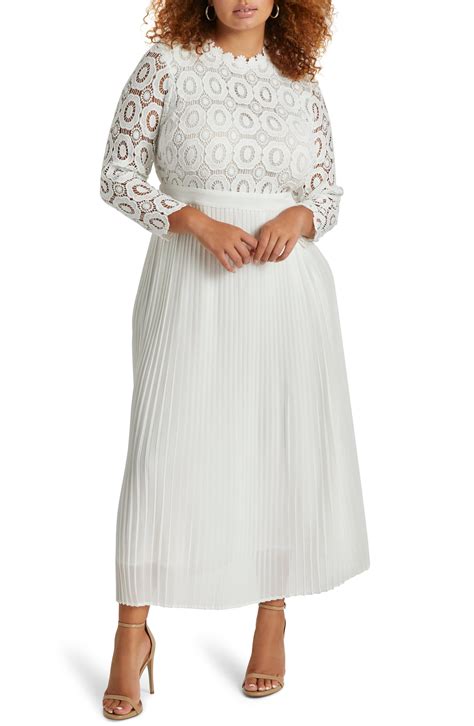 Eloquii Lace Bodice Pleated Long Sleeve Evening Dress Plus Size