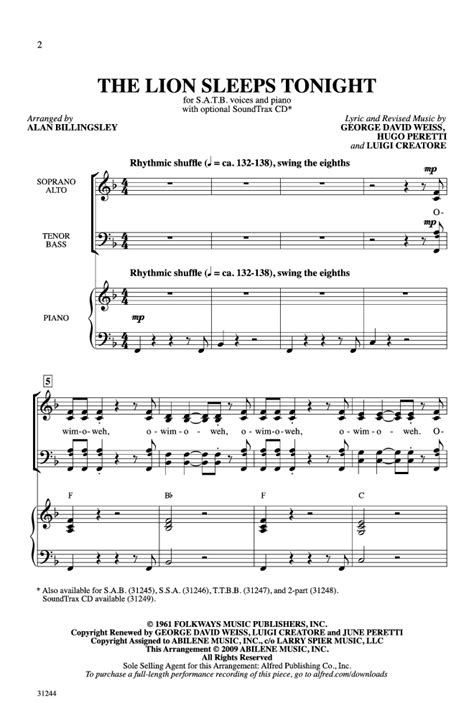 The Lion Sleeps Tonight (SATB ) arr. Alan Bi | J.W. Pepper Sheet Music