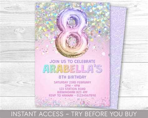 Editable 8th Birthday Invitation Template Rainbow Glitter Birthday