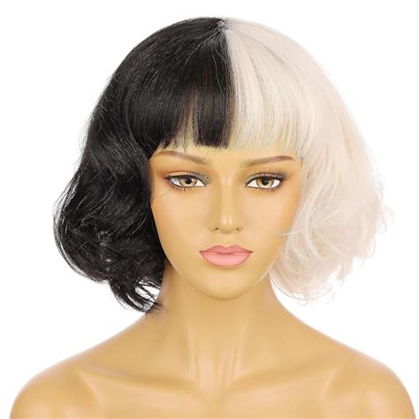 Onedor Womens Short Curly Black And White Synthetic Wavy Hair Cruella Cosplay Wigs Style 2