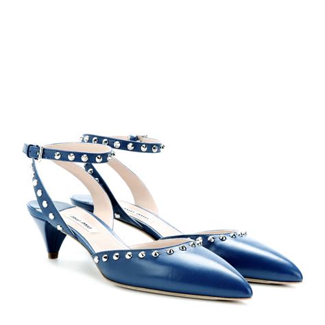 Lyst Miu Miu Studded Leather Kitten Heel Pumps In Blue