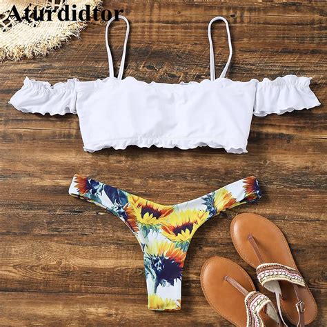 Sunflower Floral Off The Shoulder Swimsuit Girls Bikini Set Cute Sweet