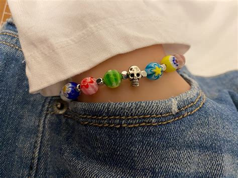 Skull Millefiori Bracelet Stretchy Bracelet Colourful Beaded Bracelet