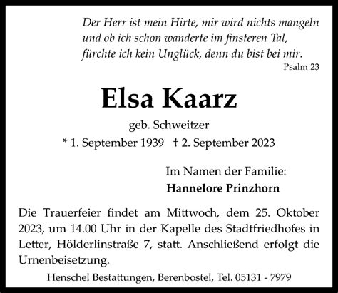 Traueranzeigen Von Elsa Kaarz Trauer Anzeigen De