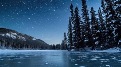 Winter Night Landscape Snow Covered Forest Full Moon Over Frozen Lake