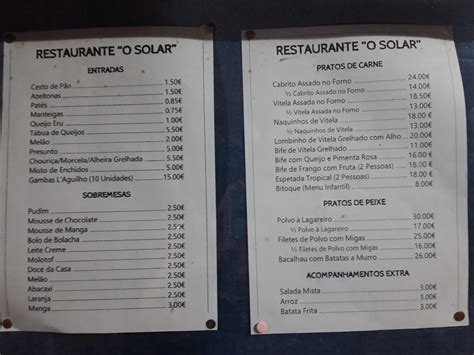 Menu Em O Solar Restaurante Oliveira De Frades