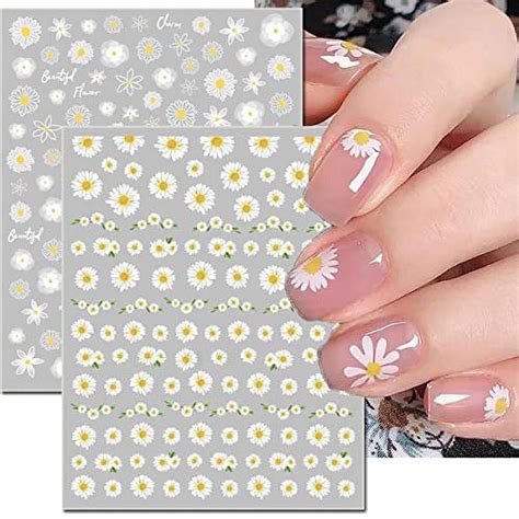 8 Sheets Flower Nail Art Stickers, 3D Daisy Nail Art Supplies White Flowers Sunflowers Floral ...