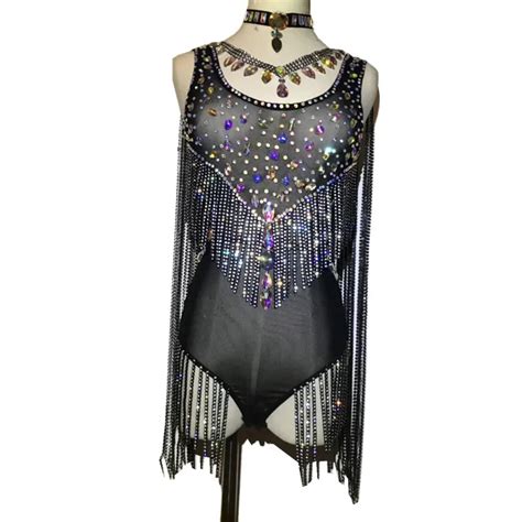 Sparkly Crystals Tassel Leotard Costume Celebrate Rhinestones Outfit