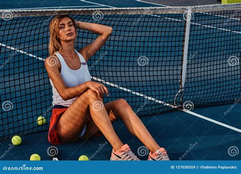 Beautiful Woman Is Resting At Tennis Court Stock Image Image Of Blond