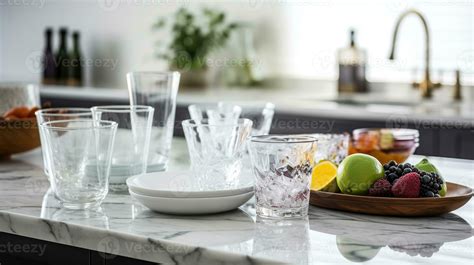 Different clean dishware and glasses on white marble table in kitchen, 23329966 Stock Photo at ...