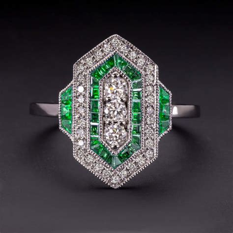 DIAMOND EMERALD VINTAGE STYLE RING ART DECO GEOMETRIC COCKTAIL ANTIQUE ...