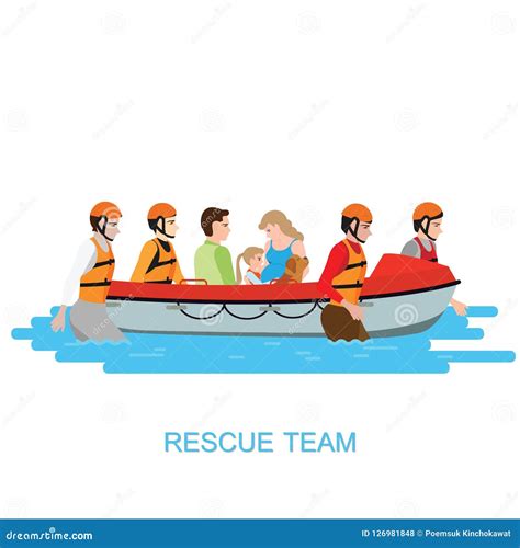 Boat Rescue Team Helping People By Pushing A Boat Through A Flooded