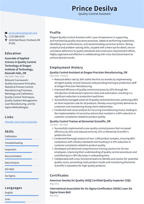 Top 18 Quality Control Assistant Resume Objective Examples