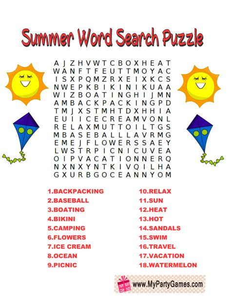 Printable Summer Word Search Puzzles