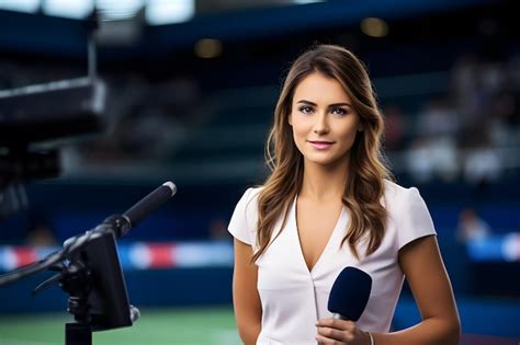 Premium Photo | Female television presenter sports commentator leading ...