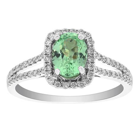 14k White Gold Oval Light Green Garnet Ring With Diamond Cushion Halo Borsheims