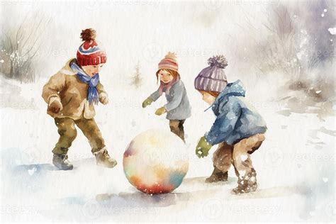 Kids playing outside in winter, painted with watercolor on textured ...