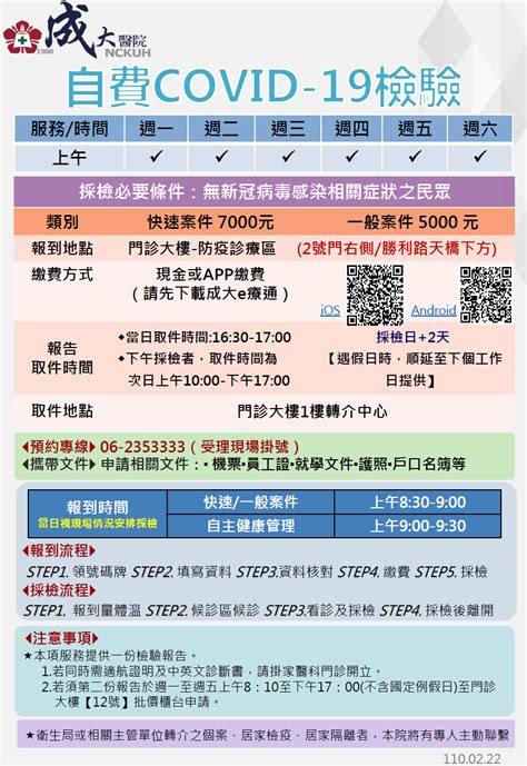 民眾自費檢驗covid 19新冠肺炎作業須知 國立成功大學醫學院附設醫院內科部