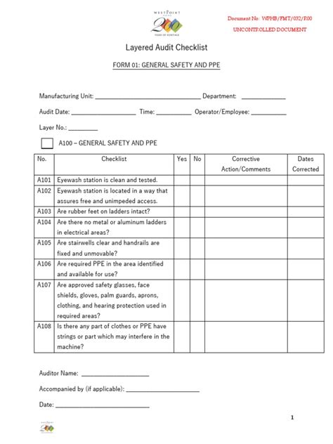 Layered Audit Checklist Form No 01 General Safety Pdf