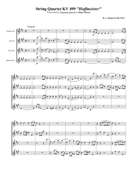 String Quartet Kv Hoffmeister For Saxophone Quartet Satb Arr