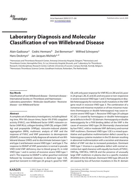 Pdf Laboratory Diagnosis And Molecular Classification Of Von Willebrand Disease