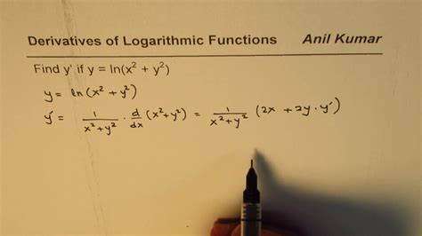 Implicit Derivation Of Logarithmic Function Y Ln X 2 Y 2 Youtube