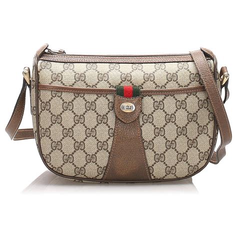 Gucci Brown Gg Supreme Web Crossbody Bag Beige Dark Brown Leather