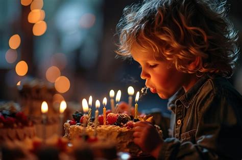 Un Niño Apagando Velas En Un Pastel Foto Premium