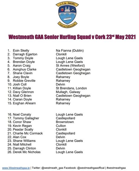 Westmeath GAA on Twitter: "Westmeath senior hurling squad to take on ...