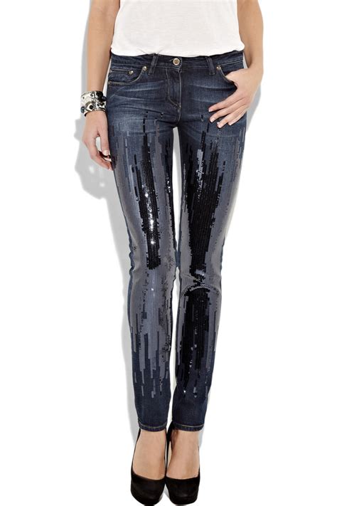 Lyst Roberto Cavalli Sequin Embellished Mid Rise Skinny Jeans In Blue