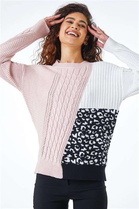 Colour Block Animal Print Jumper In Light Pink Roman Originals Uk