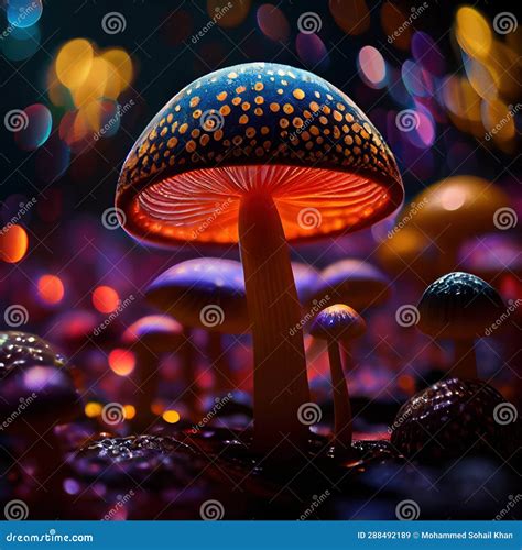 Mystical Glowing Colorful Mushroom in the Forest Bokeh Background Stock ...