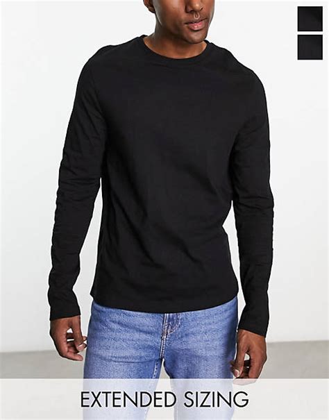 Asos Design 2 Pack Long Sleeve T Shirt With Crew Neck In Black Asos