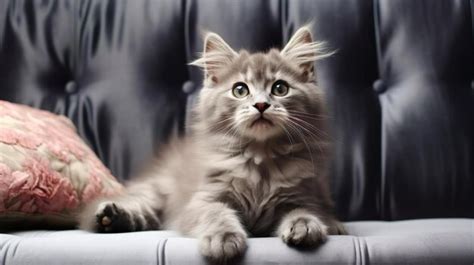 Premium Photo | Beautiful little cat on a grey sofa