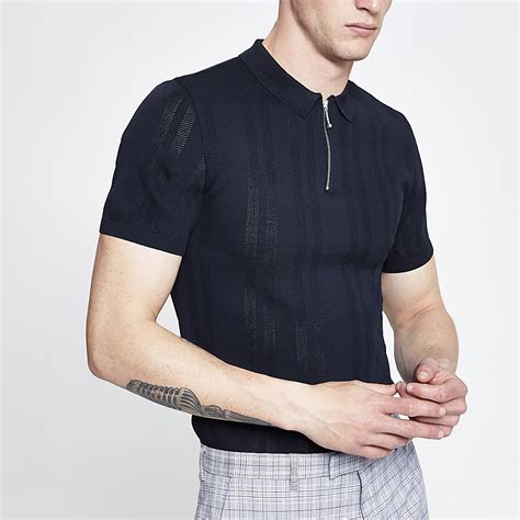 Navy Zip Neck Muscle Fit Knitted Polo Shirt Polo Shirts Men