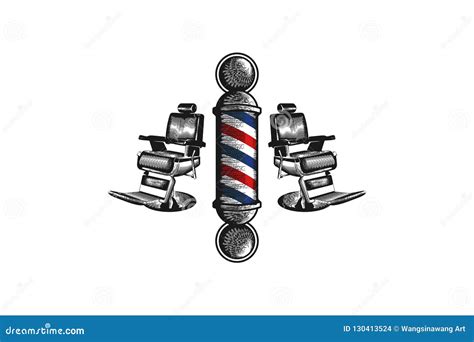 Hand Drawn Barber Pole And Chair Logo Designs Inspiration Isolated On