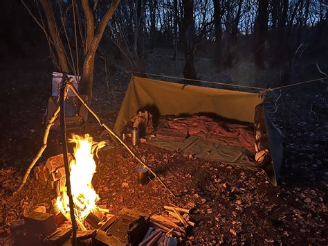 Baker tent style setup, using a beefy 3x4m canvas tarp. : r/Bushcraft